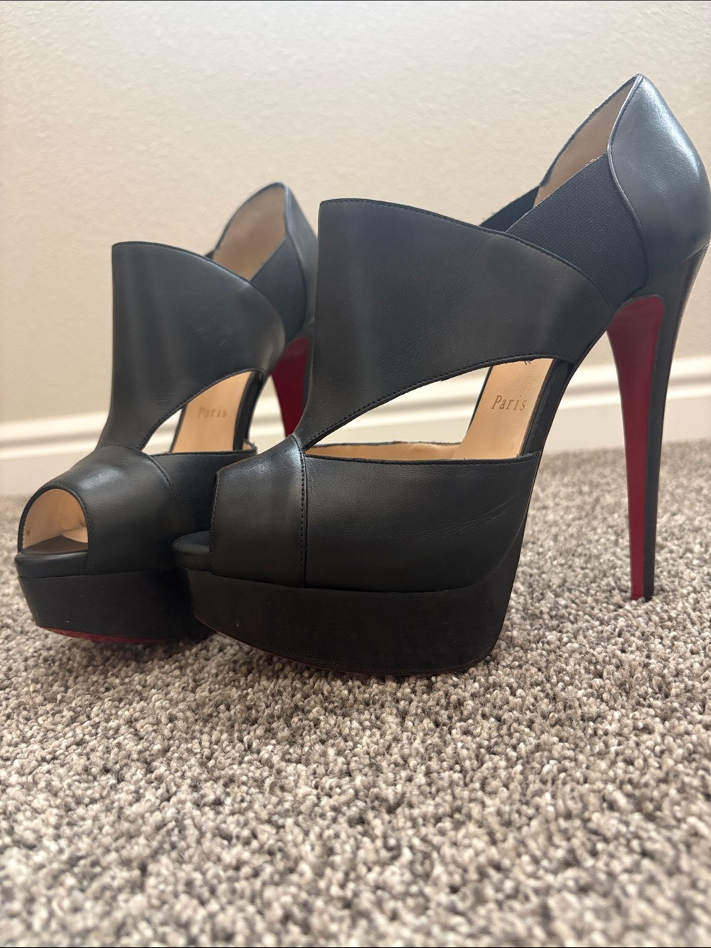 Christian Louboutin Black Leather Cutout Platform Pumps with Red Soles
